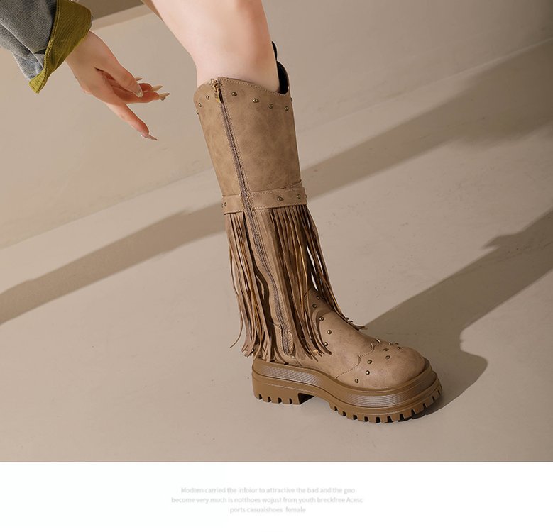 Plus Size Riding Boots with Fringe & Buckle  Mid-Calf Shoes for Women 8
