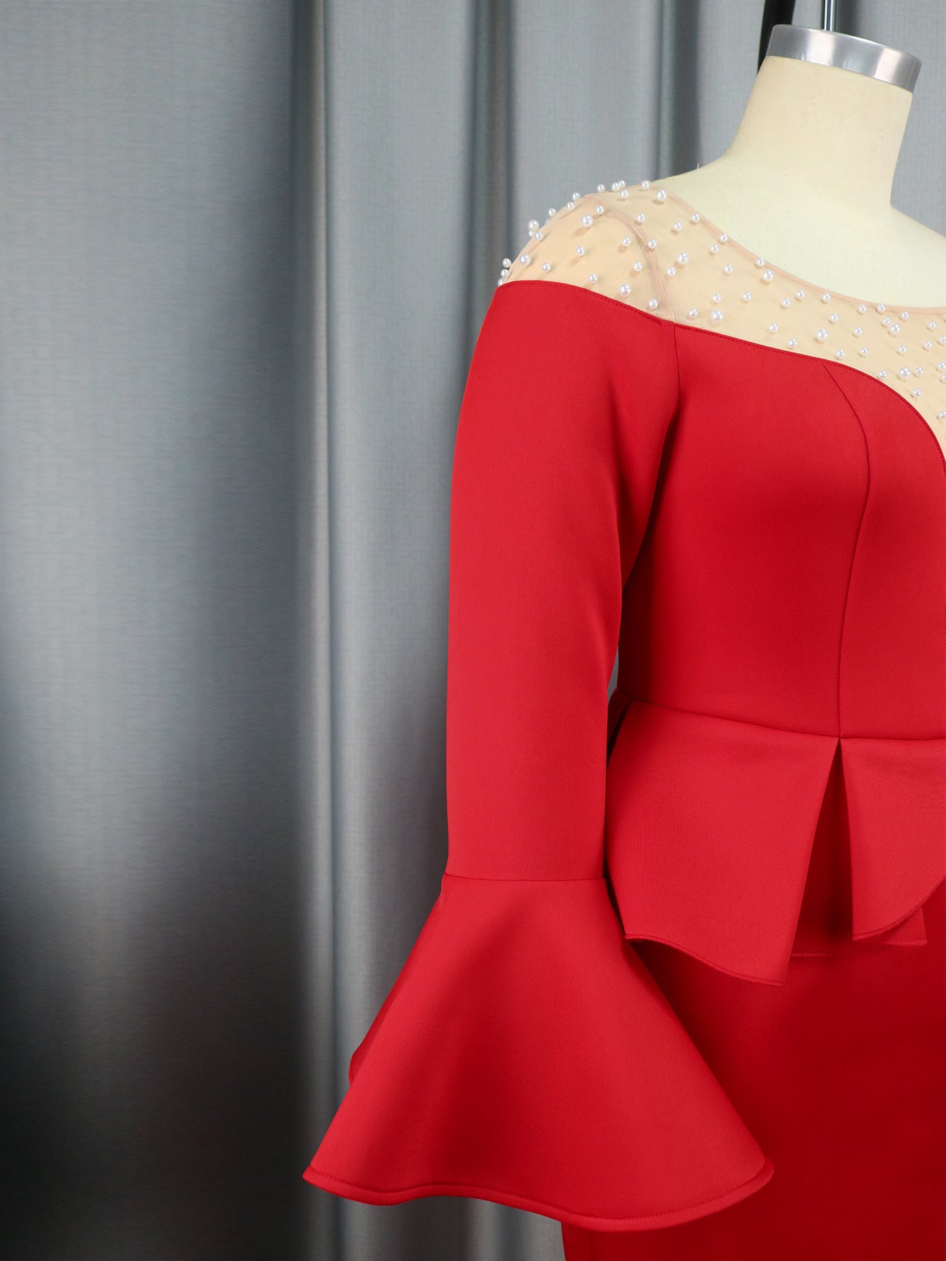 Round Neck See-Through Beaded Flare Sleeve Sexy Peplum Dress 13