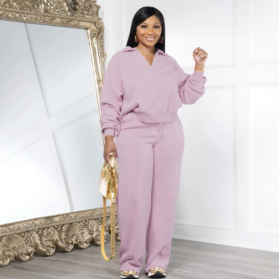 Women Fall and Winter Solid V-Neck Long Sleeve Top and Pant Casual Two-Piece Set 13