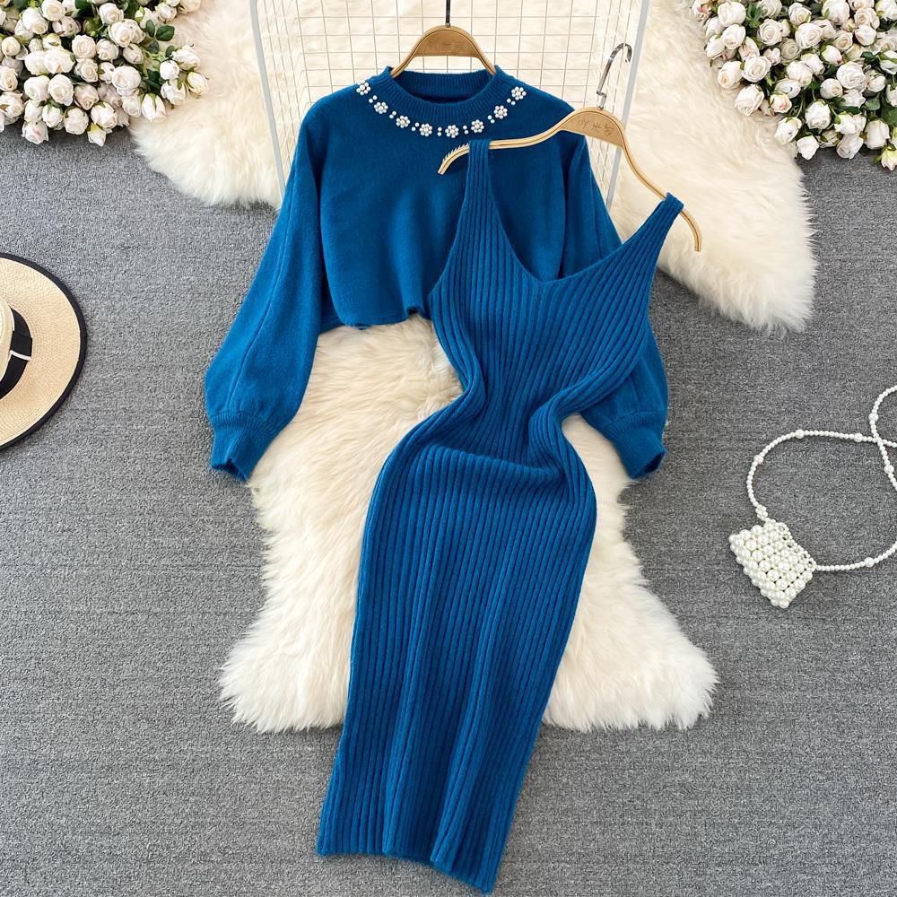 Autumn And Winter French Chic Beaded High-Waisted Sweater Dress Knitting Shirt Two-Piece Set 14