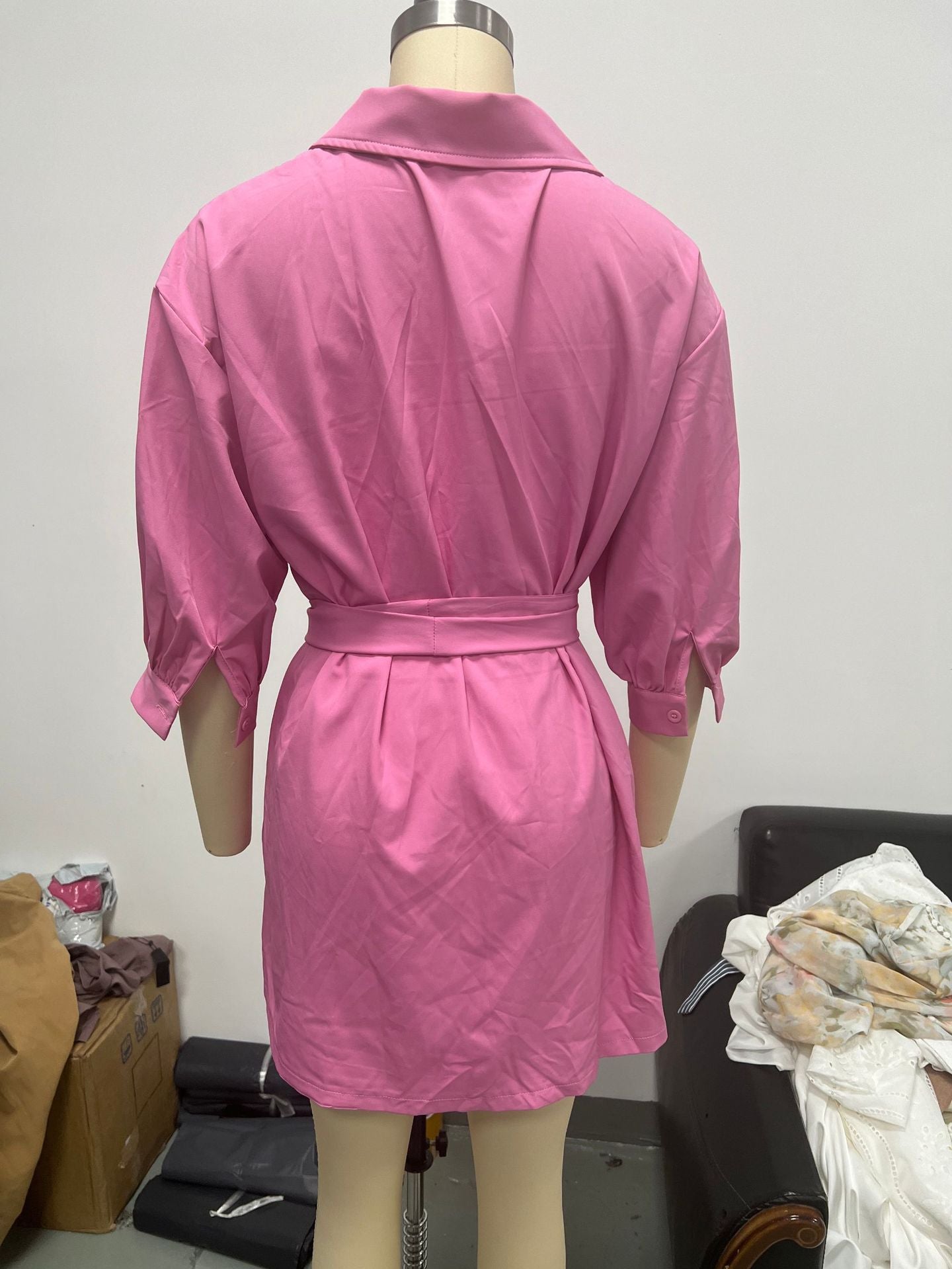 Autumn Women's Button Belt Pocket Shirt Dress 14