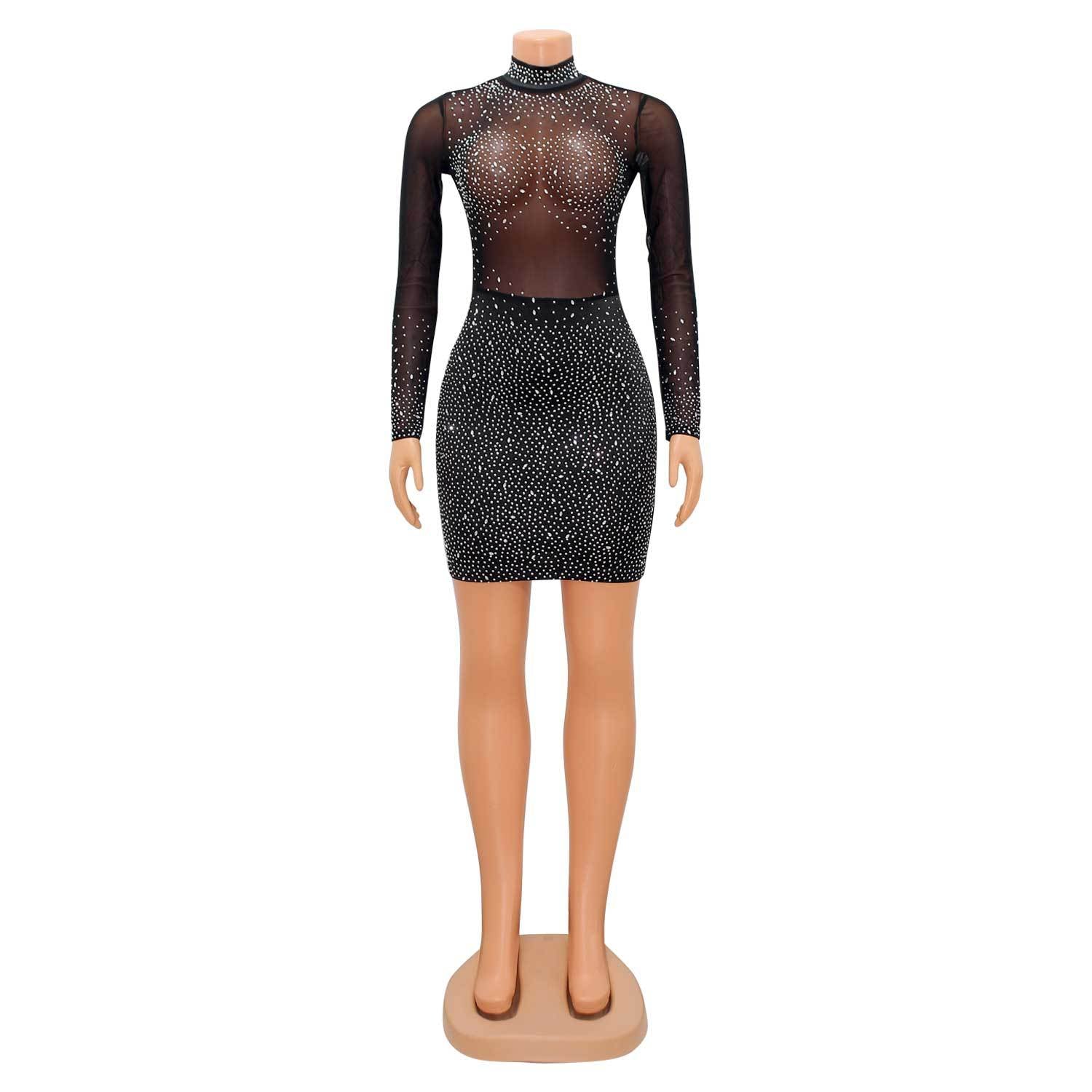 Autumn Women'S Fashion Sexy Mesh Long Sleeve Rhinestone Beaded Bodycon Club Dress 11