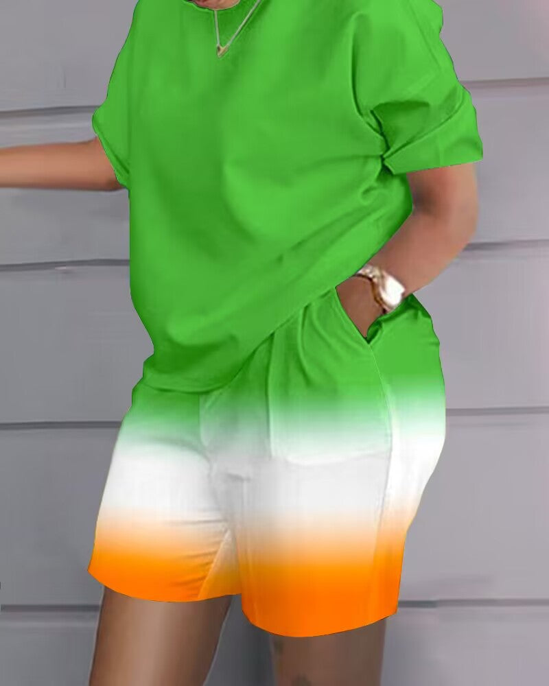 Plus Size Women Summer Print Casual Top and Shorts Two-piece Set 13