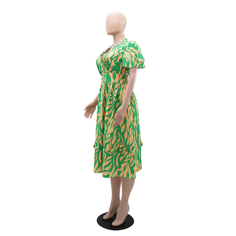 Women Ruffle V Neck Short Sleeve Slim Waist Chic Midi Dress 4