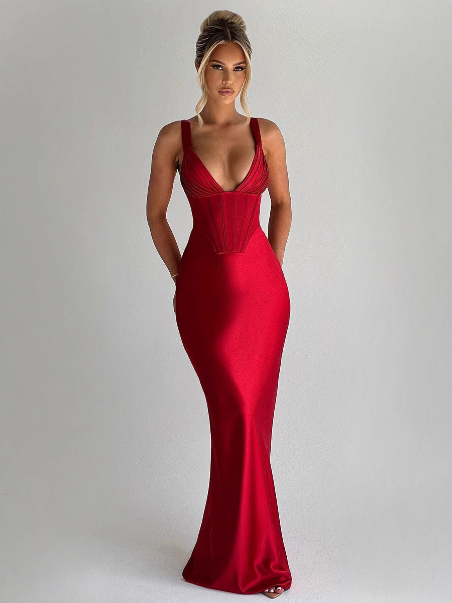 Women's Sexy Satin Low Back Slim V-Neck Fishbone Strap Evening Dress 6