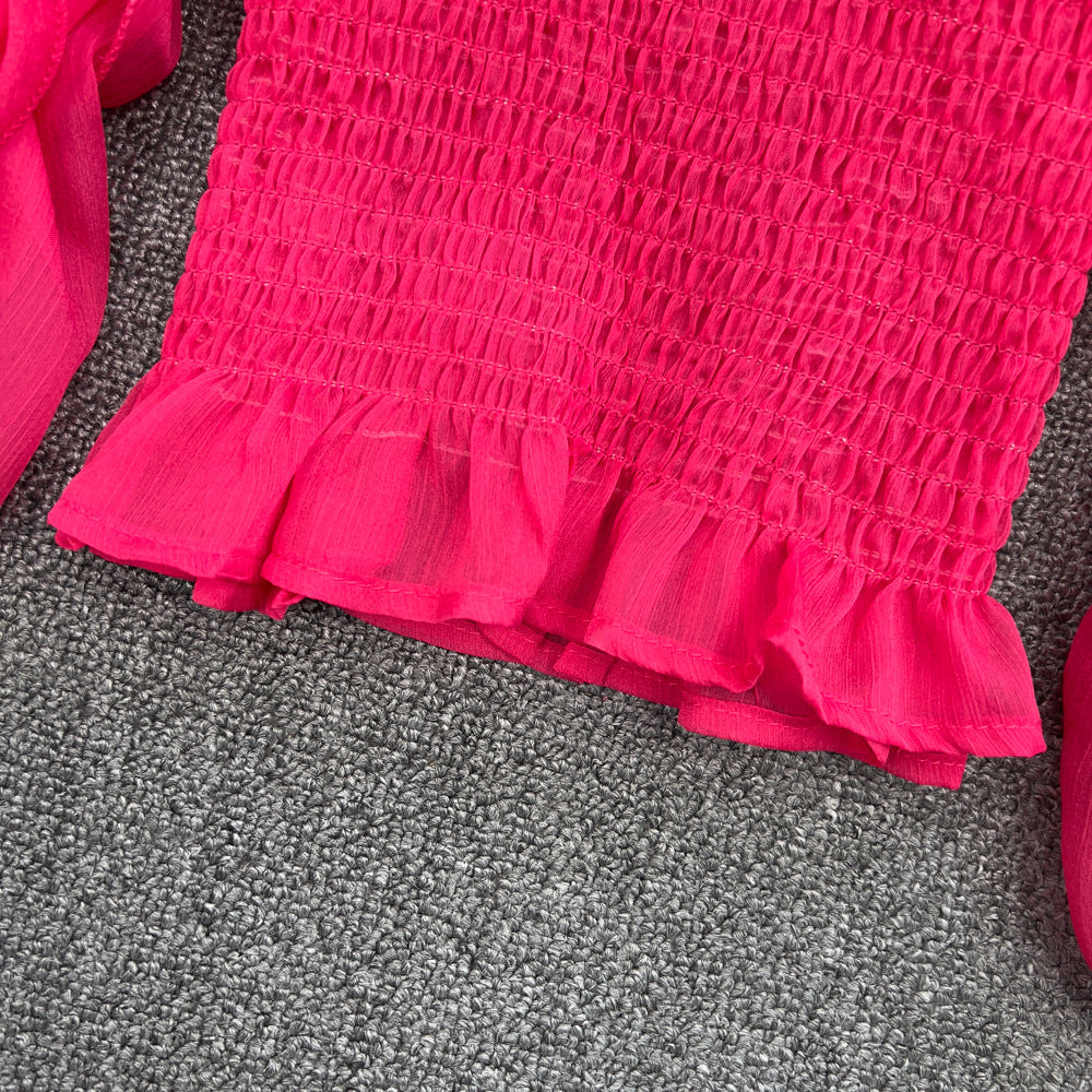 Spring Sexy Deep V-Neck Ruffled Slim Waist Lantern Sleeve Chiffon Shirt 17