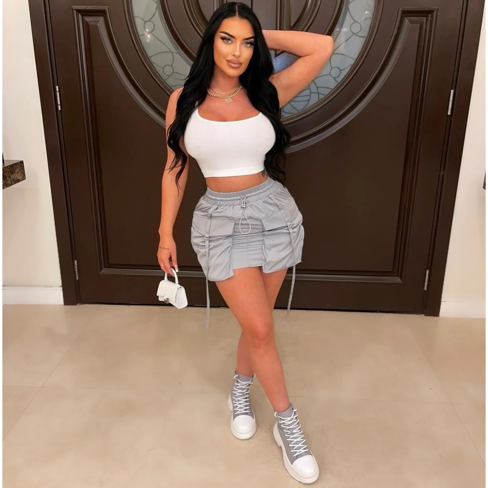 Women's Solid Color Multi-Pocket High-Waist Short Cargo Skirt