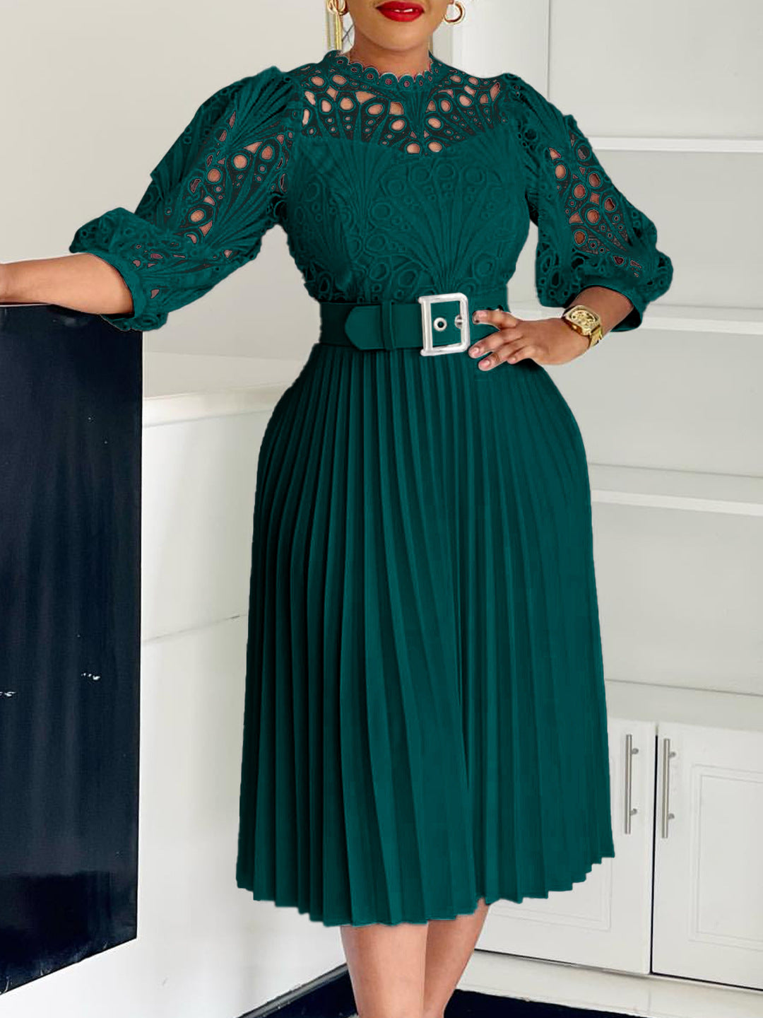 Women Solid lace hook flower hollow pleated dress 8