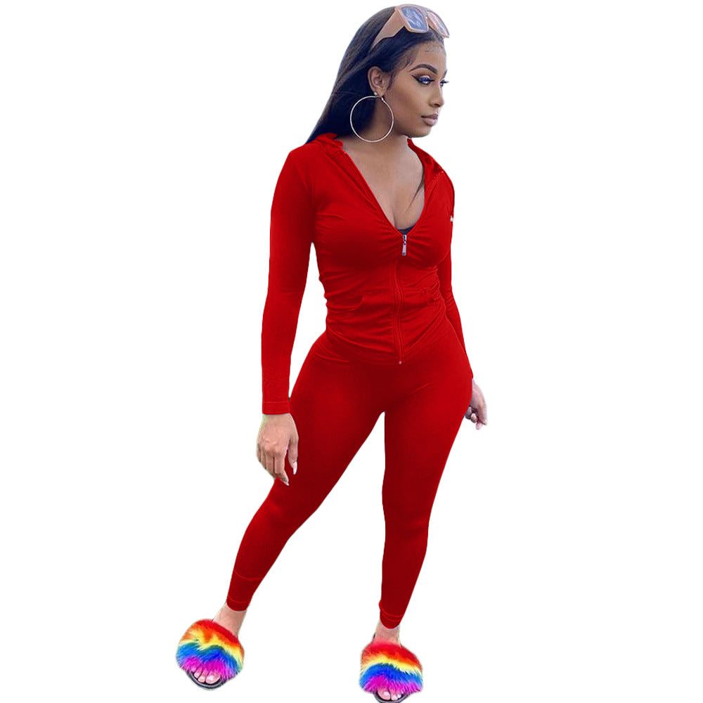 Women Summer Sports Hooded Full Sleeves Solid Pockets Regular Two Piece Pants Set 12