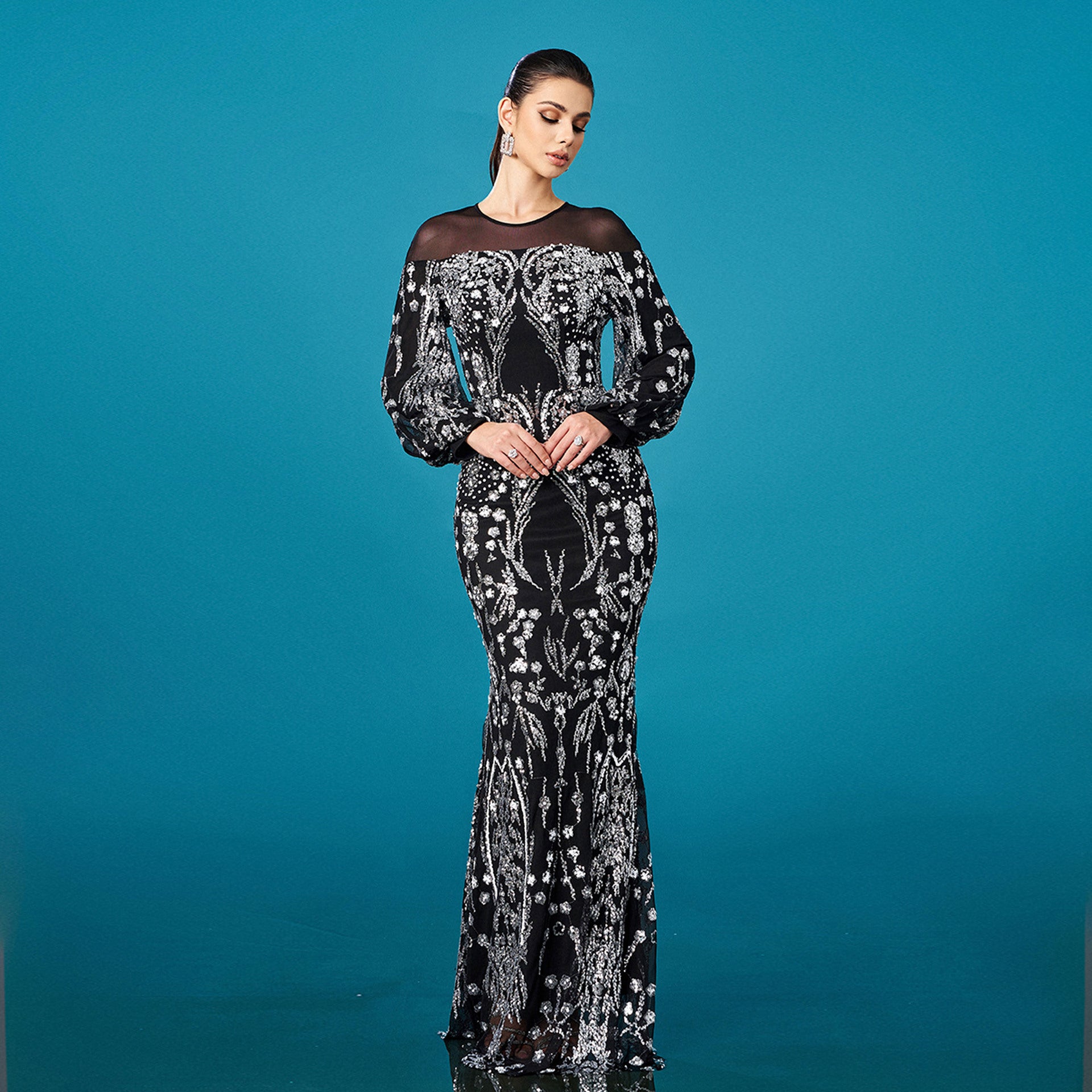 Women Long Sleeve Round Neck Formal Party Sequin Bodycon Fishtail Evening Dress 6