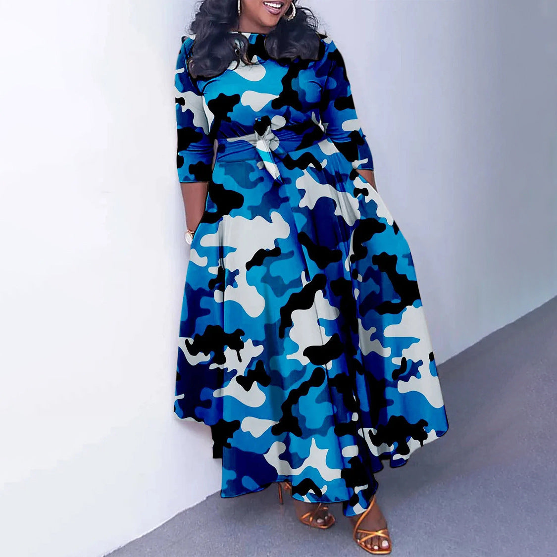 Plus Size Women Autumn and Winter Chic Lace-up Printed Maxi Dress 7