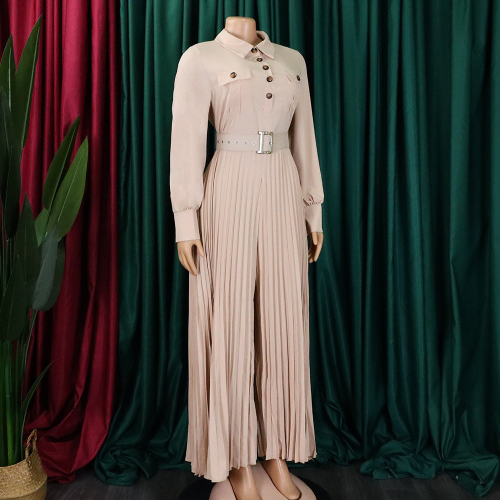 Women's Fall Winter Long Sleeve Casual Loose Pleated Wide Leg Jumpsuit with Belt 21