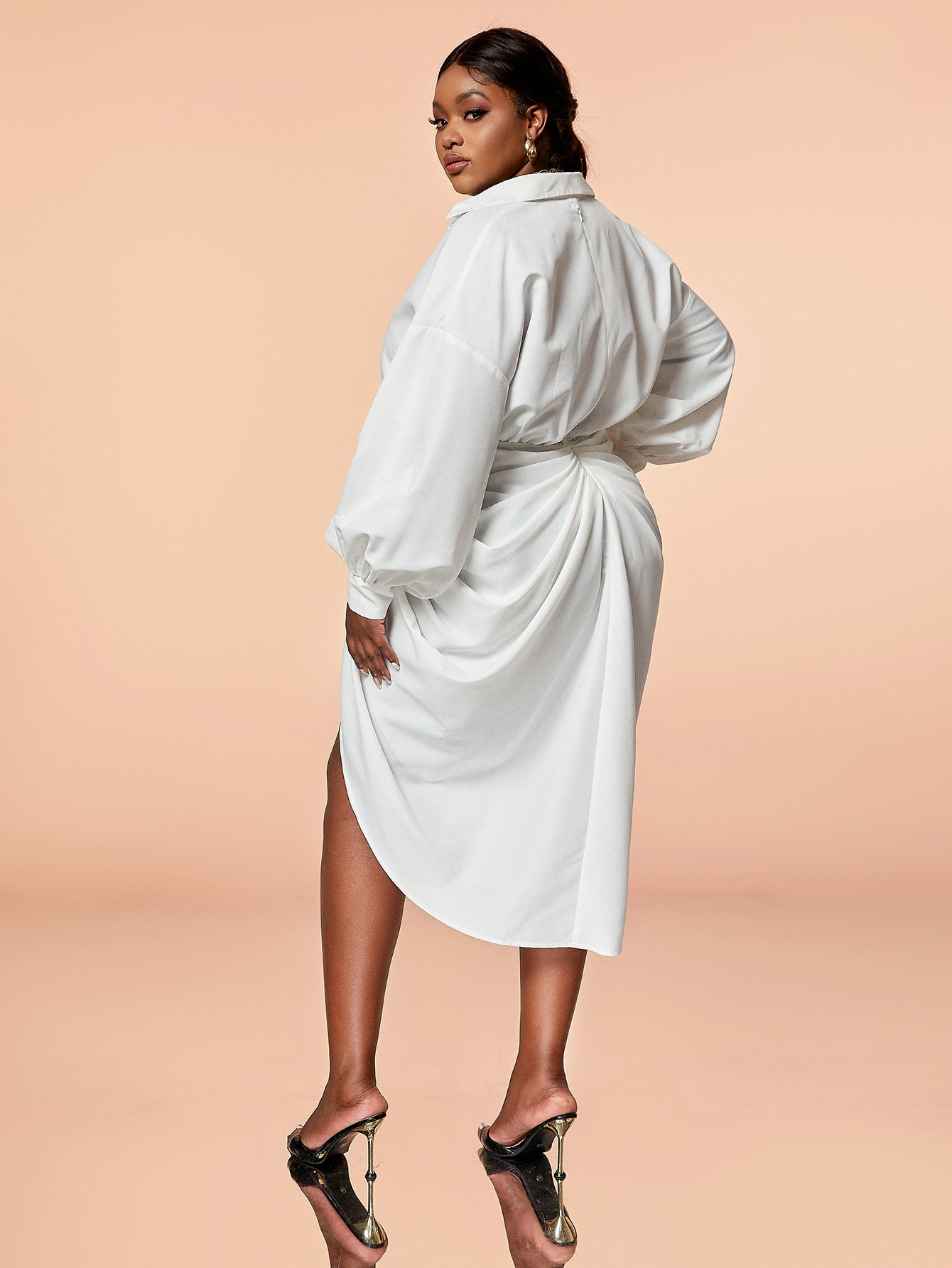 Plus Size Women White Lace-Up Irregular design pleated shirt long-sleeved dress 6