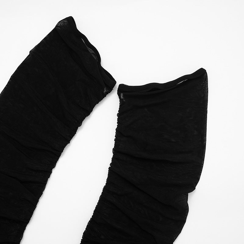 Women Autumn/Winter Cross-Gathered Double-Collared Top and See-Through Mesh Skirt with Three-Piece Knee Pads 27