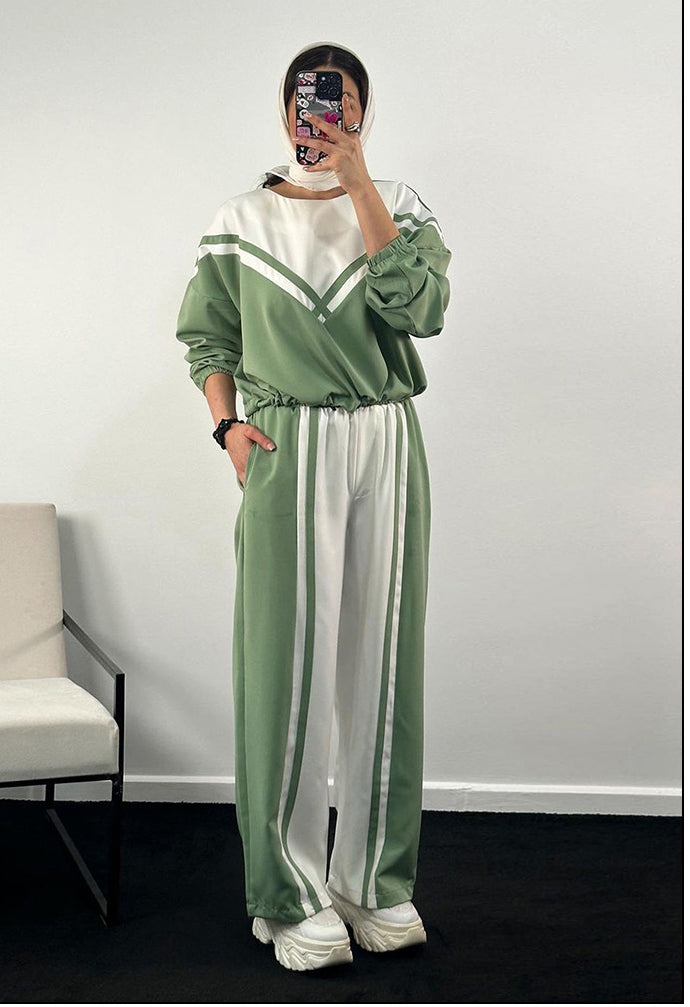 Women Contrast Color twill Casual Top and Pants Two-piece Set 4