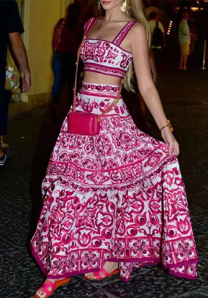 Print Slim Sexy Strap Two-Piece Skirt Set