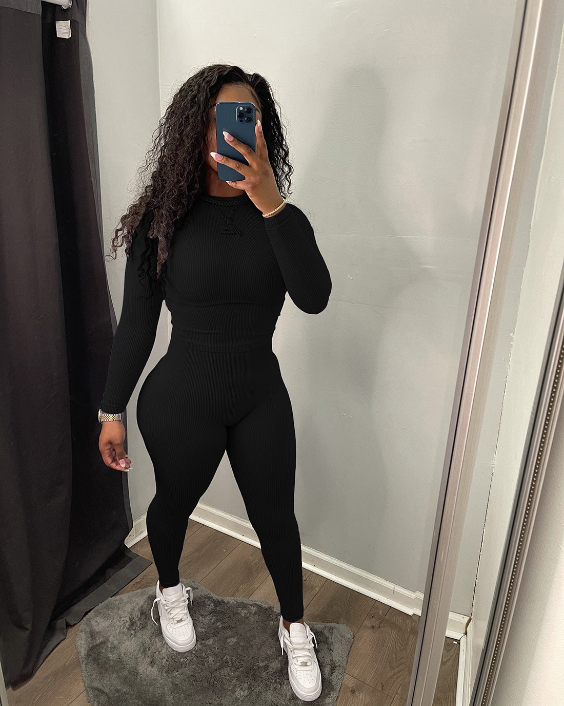 Women'S Two-Piece Set Autumn Winter Solid Color Ribbed Slim Long Sleeve Two Piece Trouser Set 13