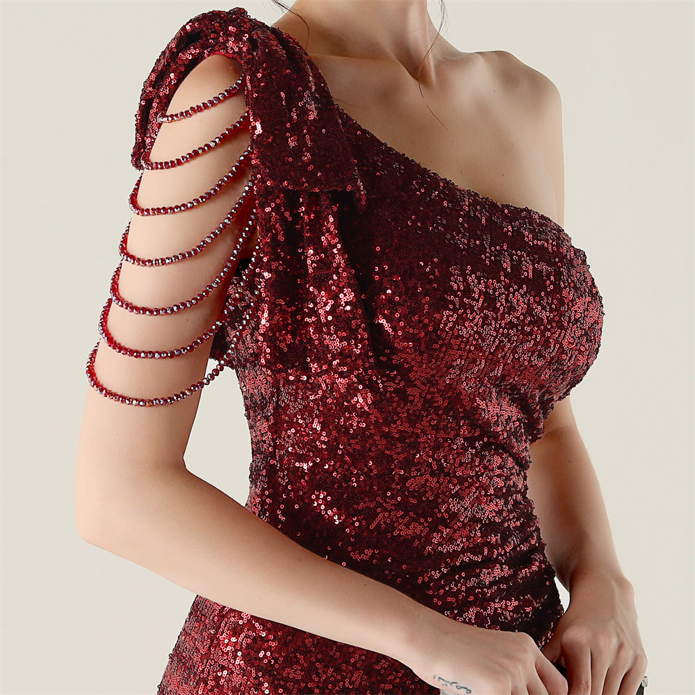 Plus Size Women clothing one-shoulder nail flower beaded evening dress 36