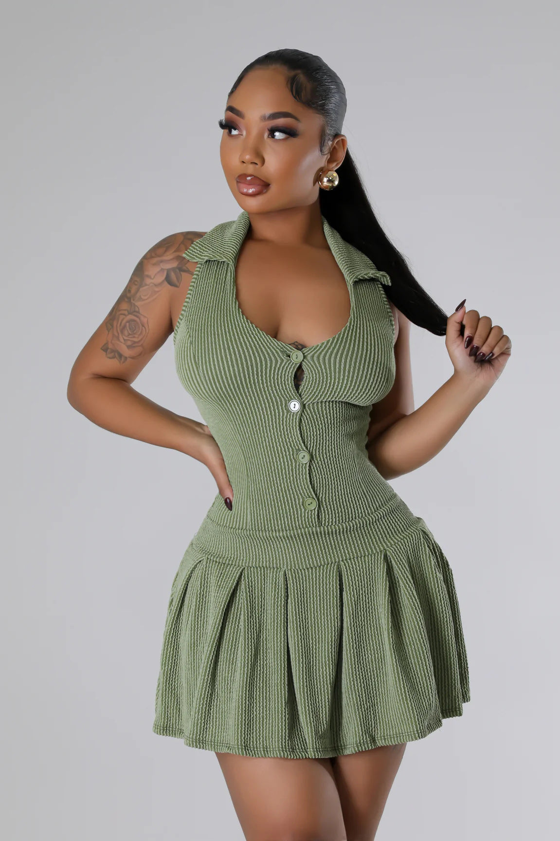 Women's Halter Neck V-Neck Sleeveless Pleated Dress With Underwear 11