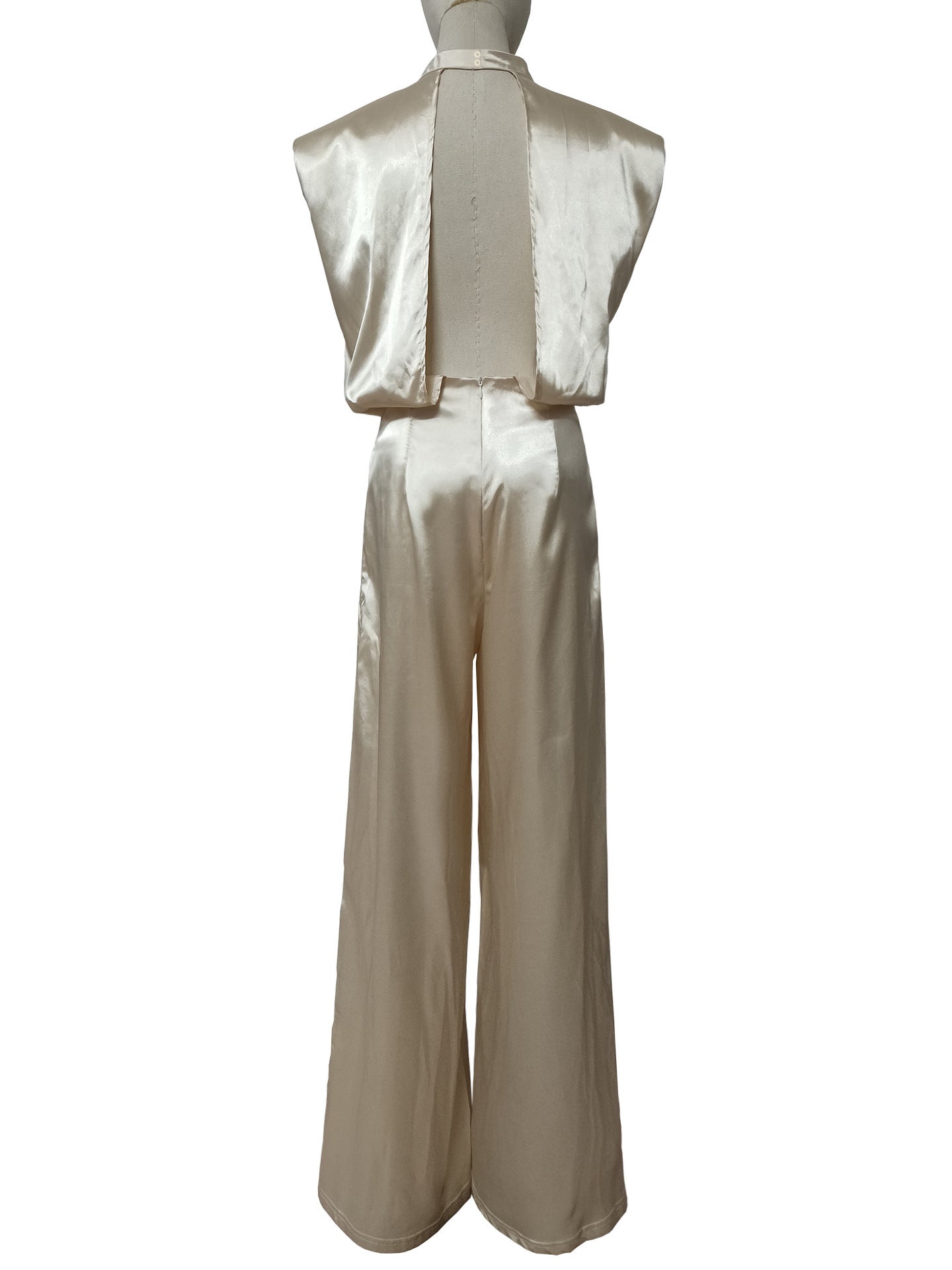Summer women's clothing solid color Stand Collar sleeveless loose satin Low Back wide-leg jumpsuit 7