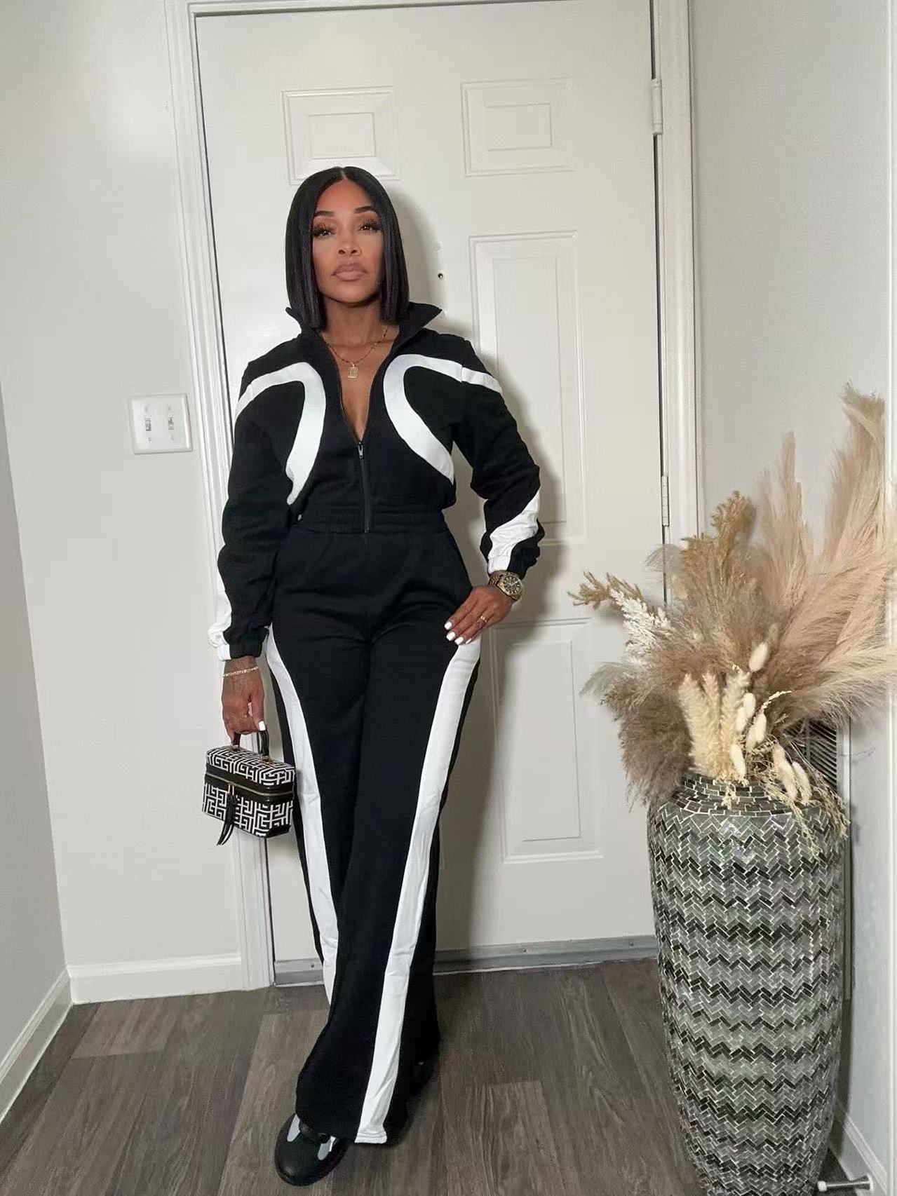 Women's Fashion Casual Sports Winter Color Block Zipper Elastic Waist Jumpsuit 17