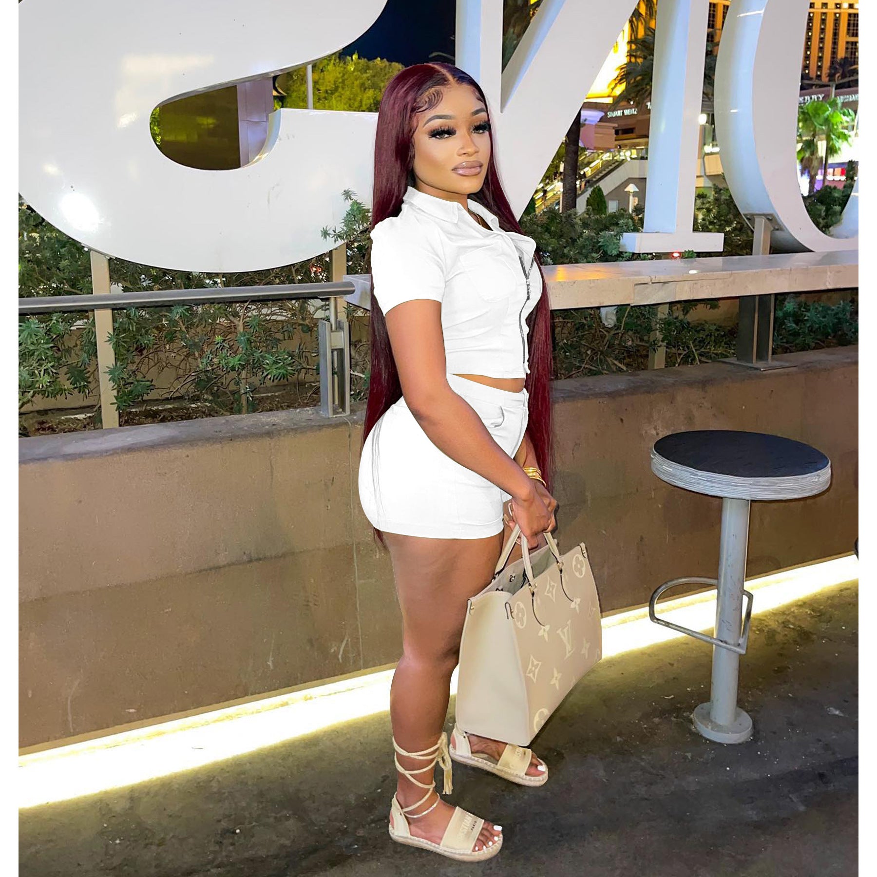 Women's summer casual women's zipper short-sleeved jacket shorts two-piece set of solid color high elastic fabric 9