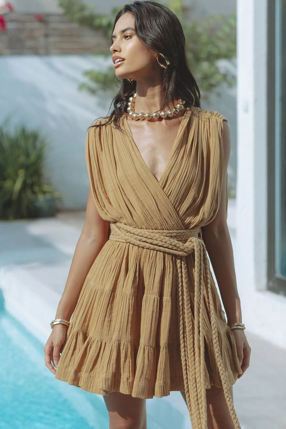 Women Summer Holidays Solid Drawstring Belt Sexy Dress 12