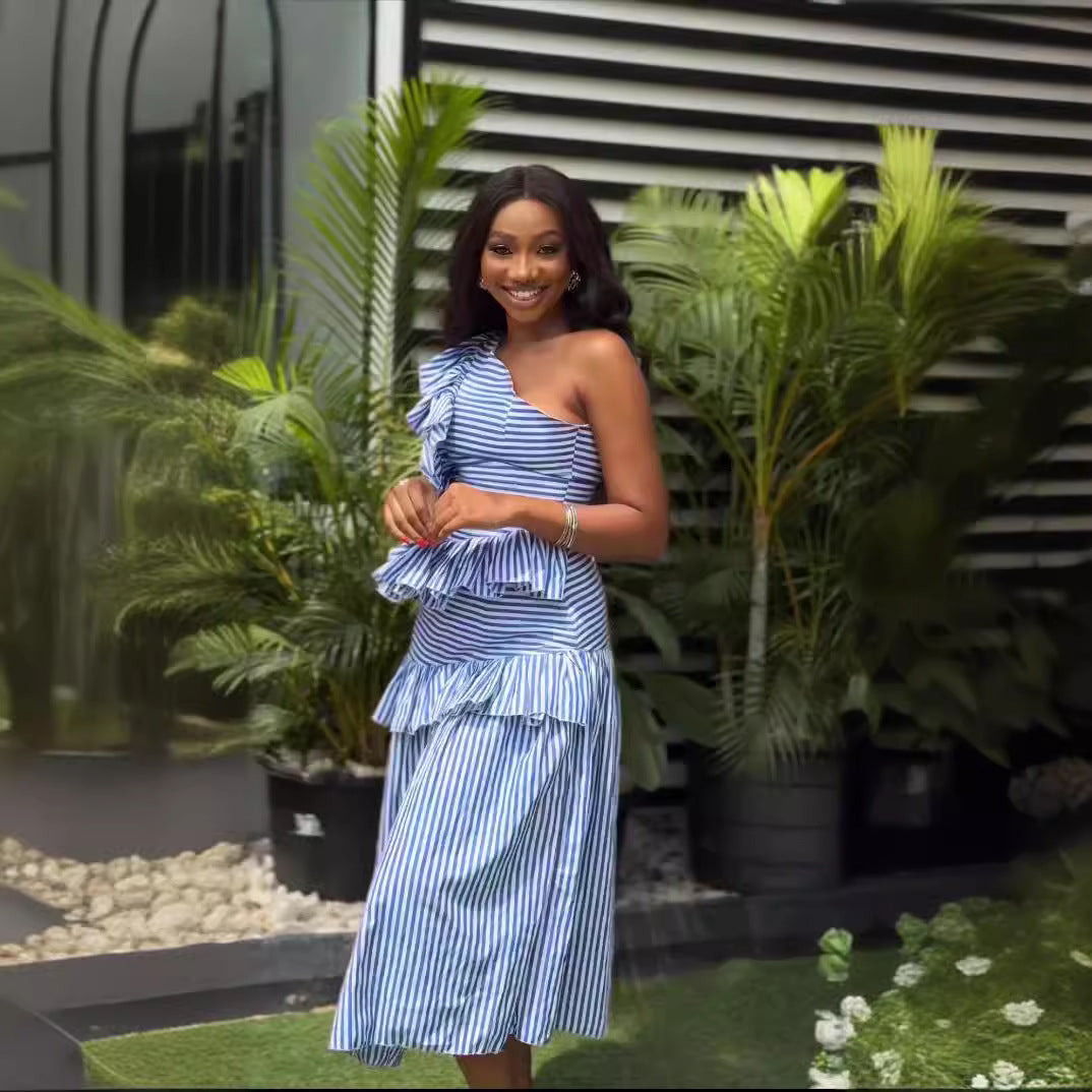 Summer Women's Slash Shoulder Ruffle Striped Sexy Dress