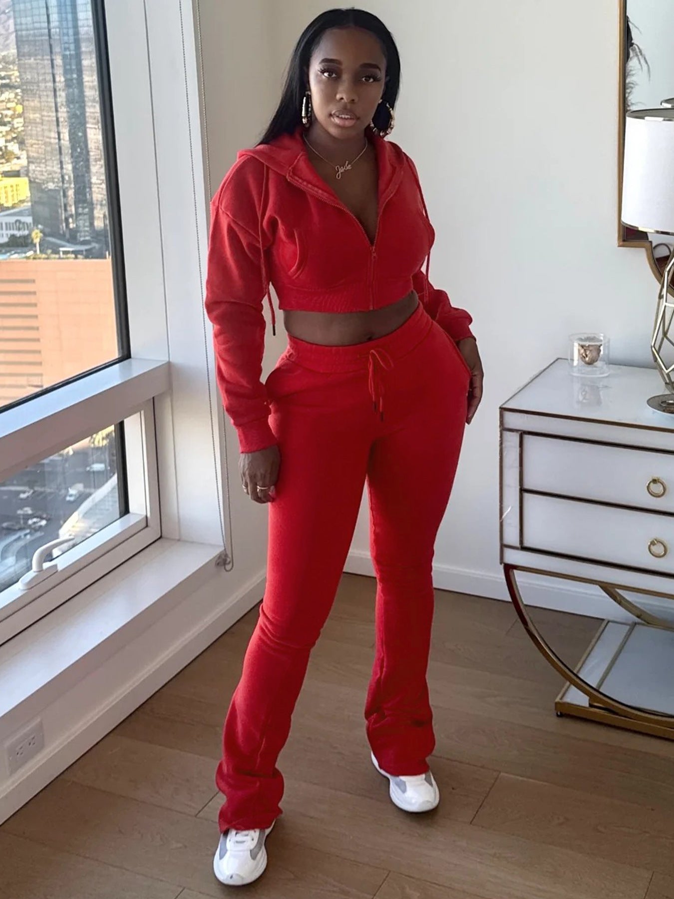 Women Hoodies and Bell Bottom Pants Two-Piece Set 5