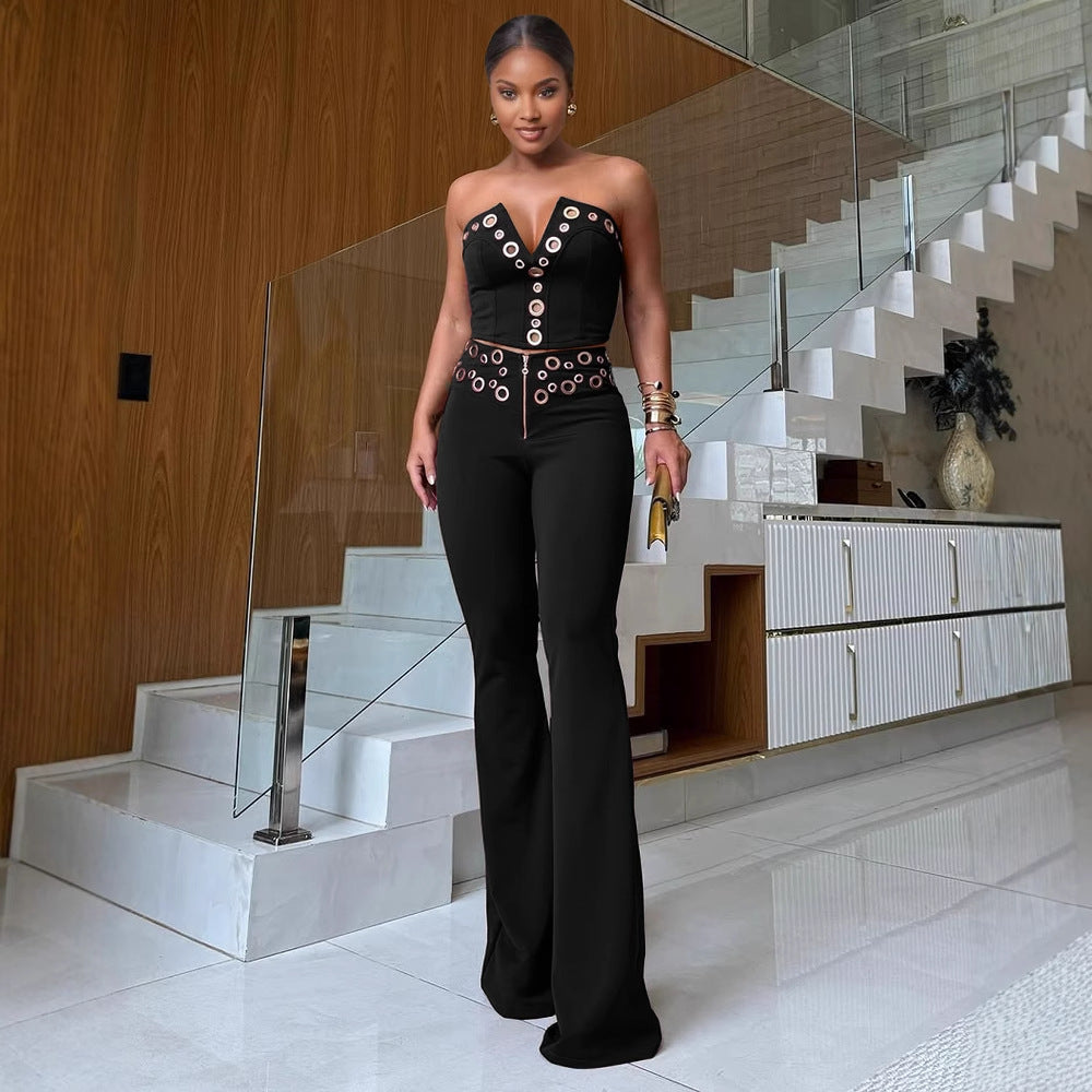 Women elegant elastic metal buckle decorated V-neck Top and Pants two-piece set 6