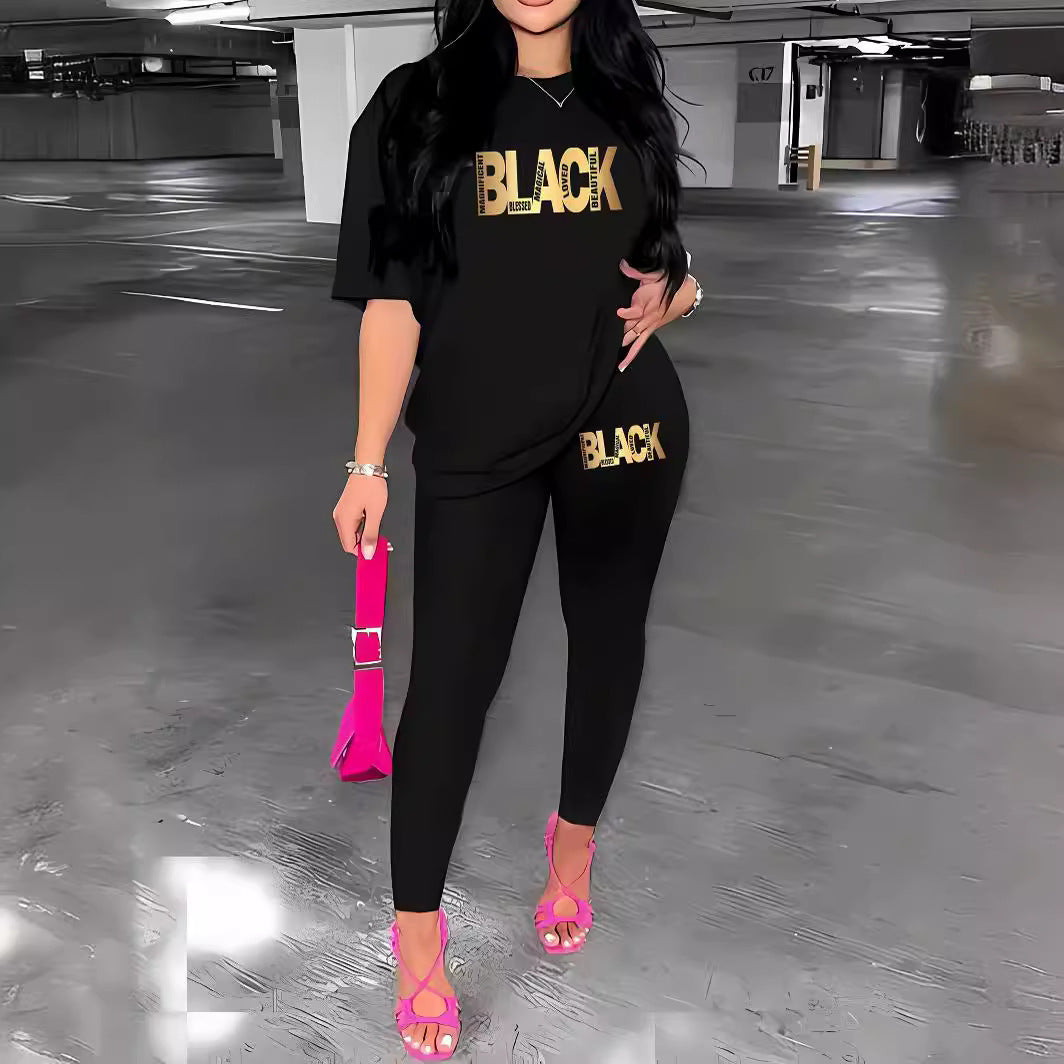 Women's Letter Prints Round Neck Casual T-Shirt Shorts Two Pieces Set 3