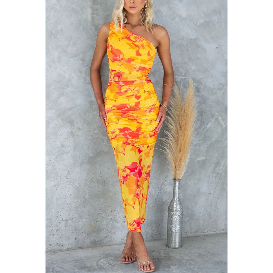 Women Casual Holidays Printed Stretch Slash Shoulder Printed Dress 5