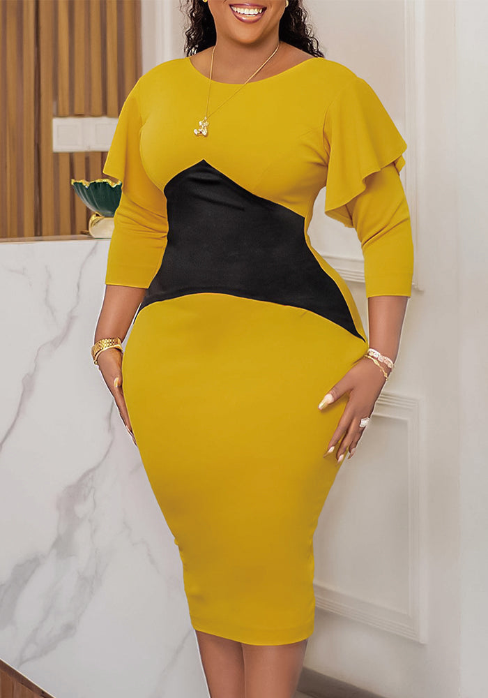 Plus Size African Ladies Color Block Long Sleeve Dress