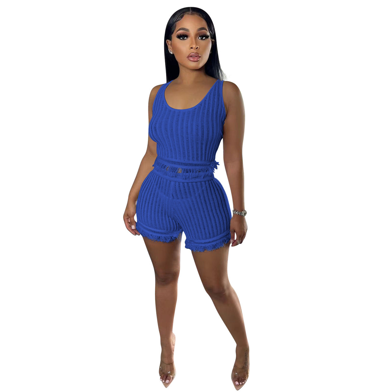 Women'S Clothing Ladies' Fashion Casual Knitting Sleeveless Tassel Two-Piece Shorts Set 4