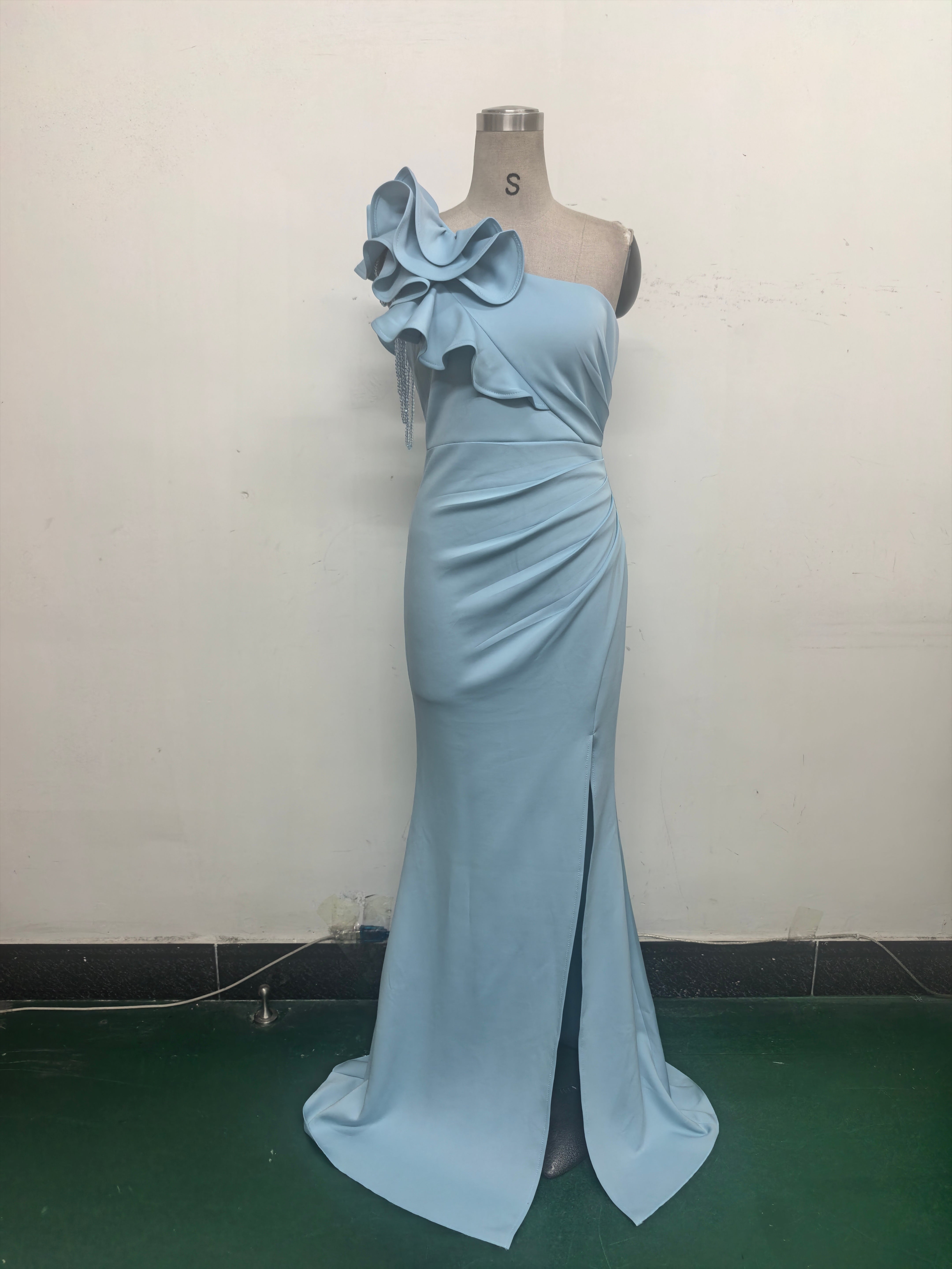 Women One-Shoulder Beaded Wool and Floral Satin Slit Sexy Evening Dress 38