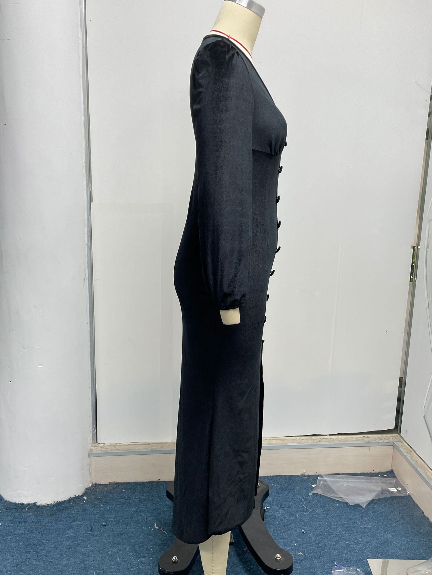 Women Autumn Knittingv Collar Solid Padded Shoulder Long Sleeve Slit Evening Dress 43