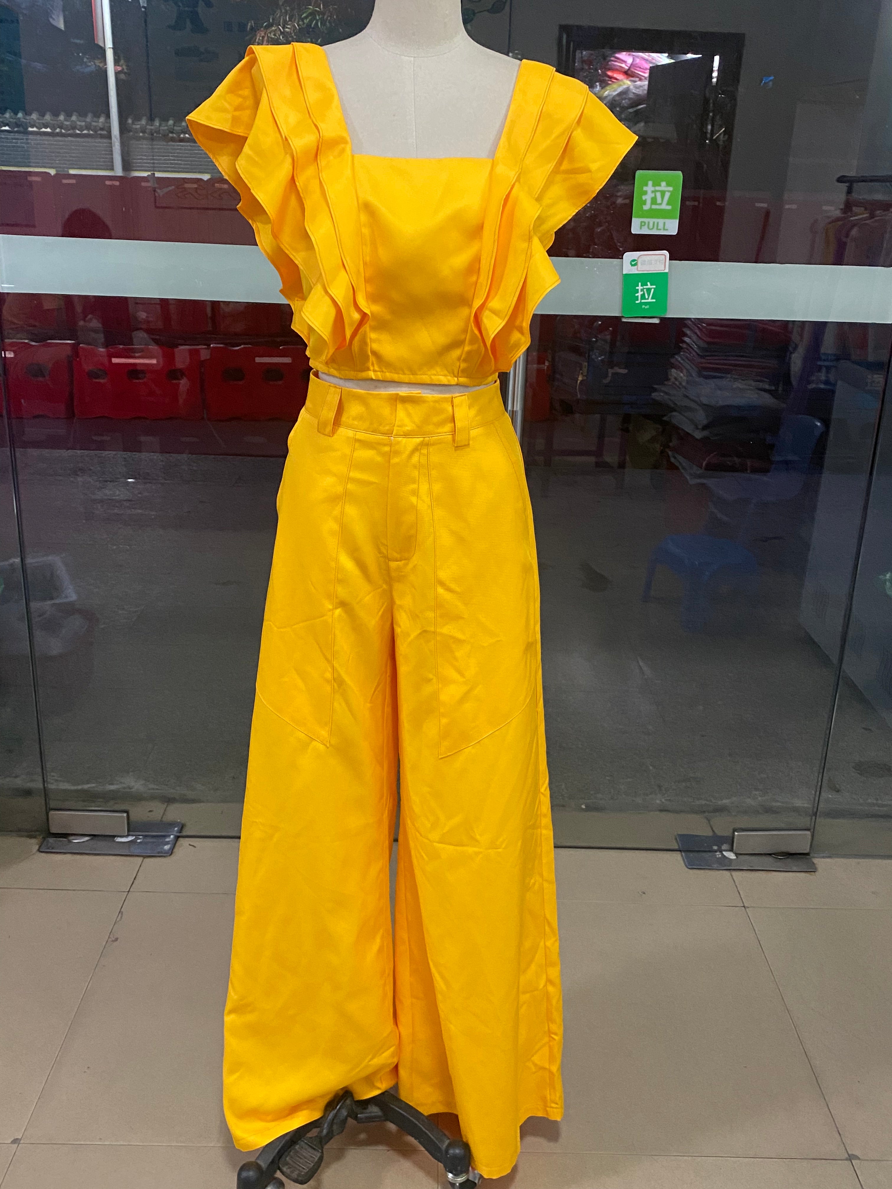 Women's Fashionable Ruffled Short Sleeve Top High Waist Wide Leg Pants Two-Piece Set 7