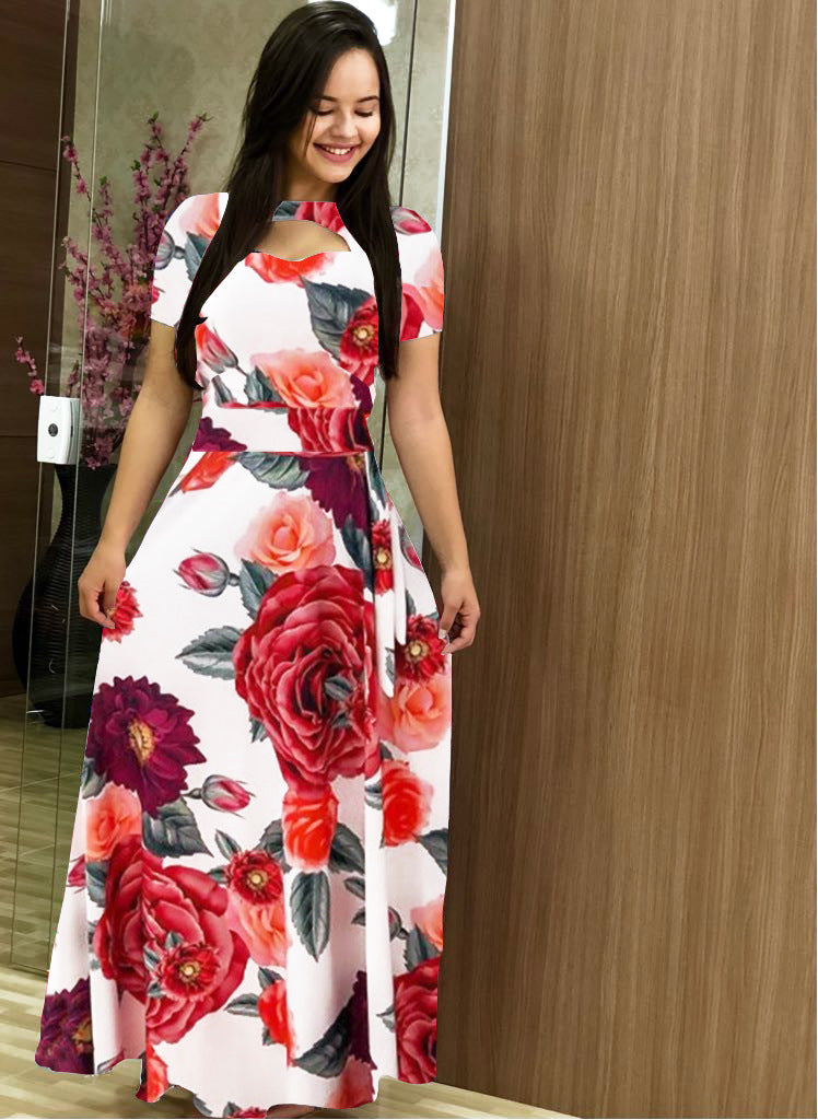 Women Sexy Fashion Floral Botanical Print Short Sleeve Maxi Dress 19