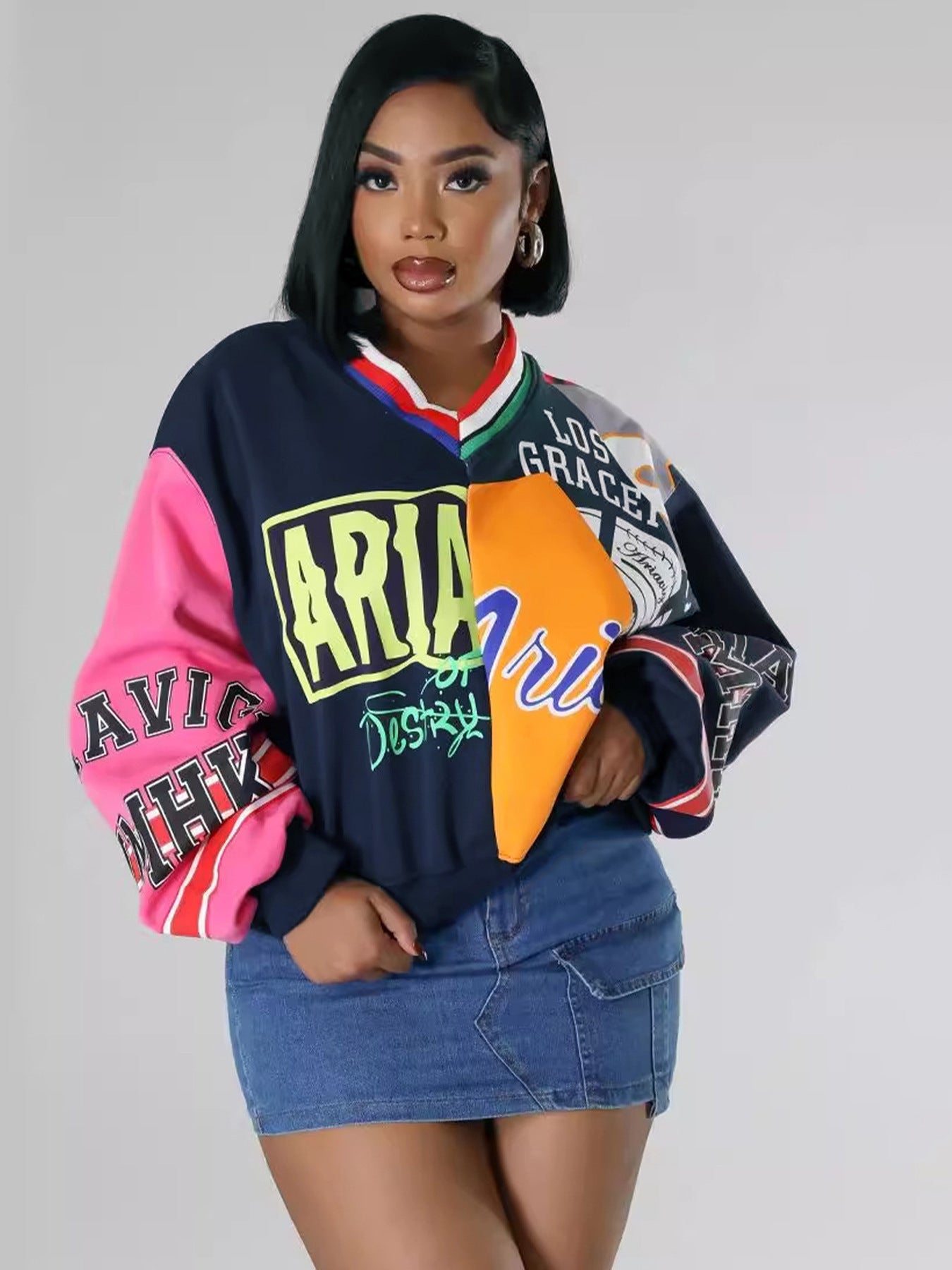 Women's Casual Fashion Patchwork Contrast Color Letter Printed Loose V-Neck Top 4