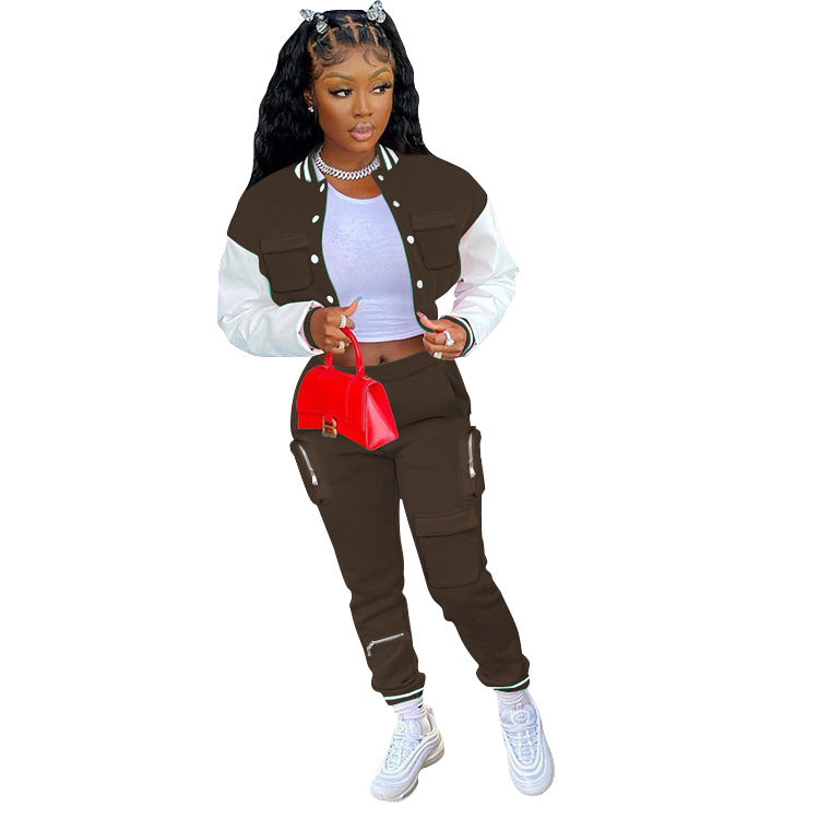 Women's Fall/Winter Casual Cargo Style Color Block Baseball Jacket Sweatpants Sports Two Piece Set 11