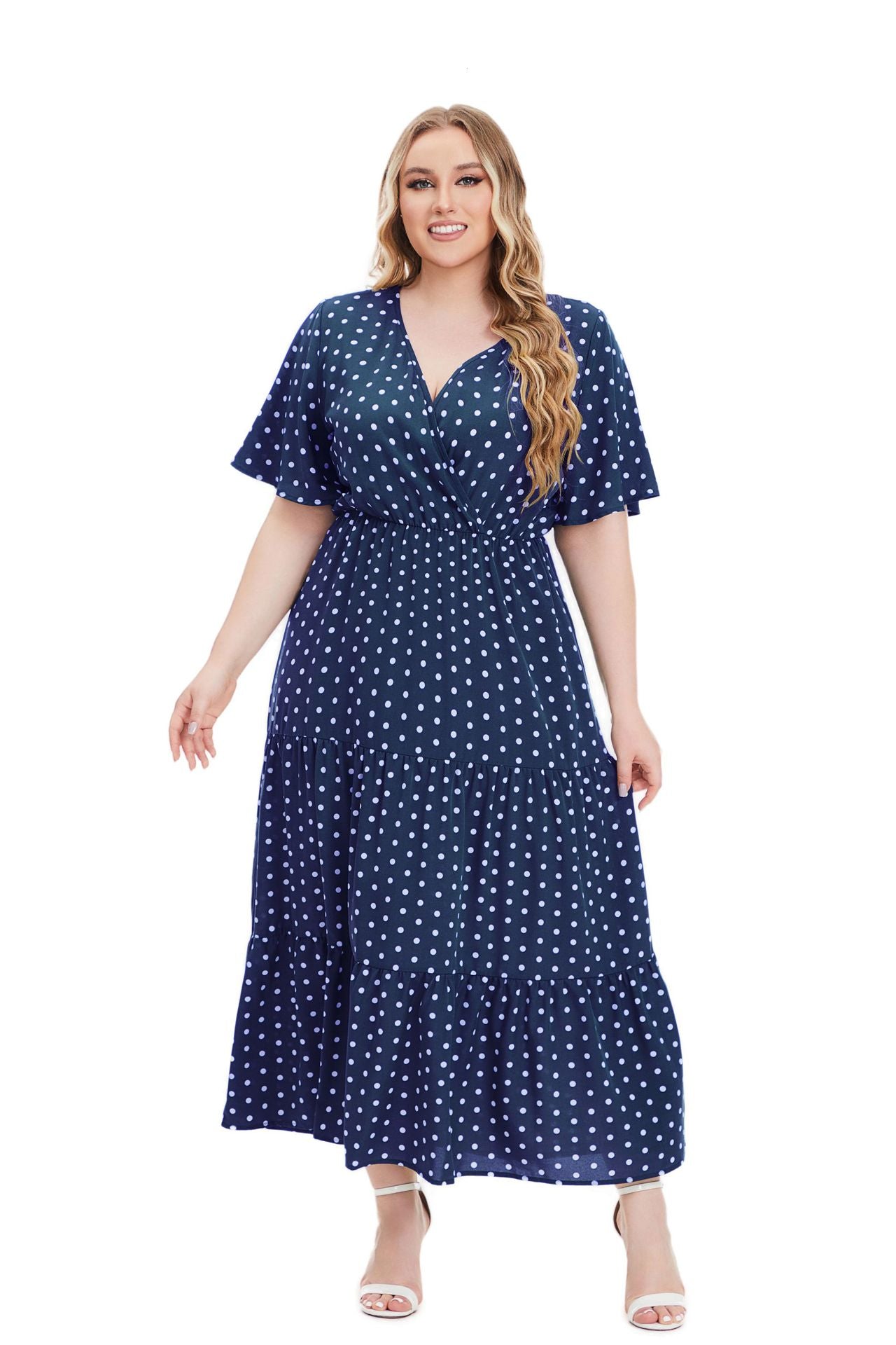 Plus Size Women Summer V Neck Polka Dot Short Sleeve Dress 4