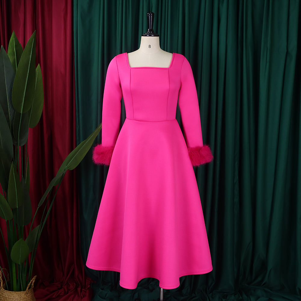 Winter Chic Elegant Fur Decorated Long Sleeve A-Line African Party Dress 16