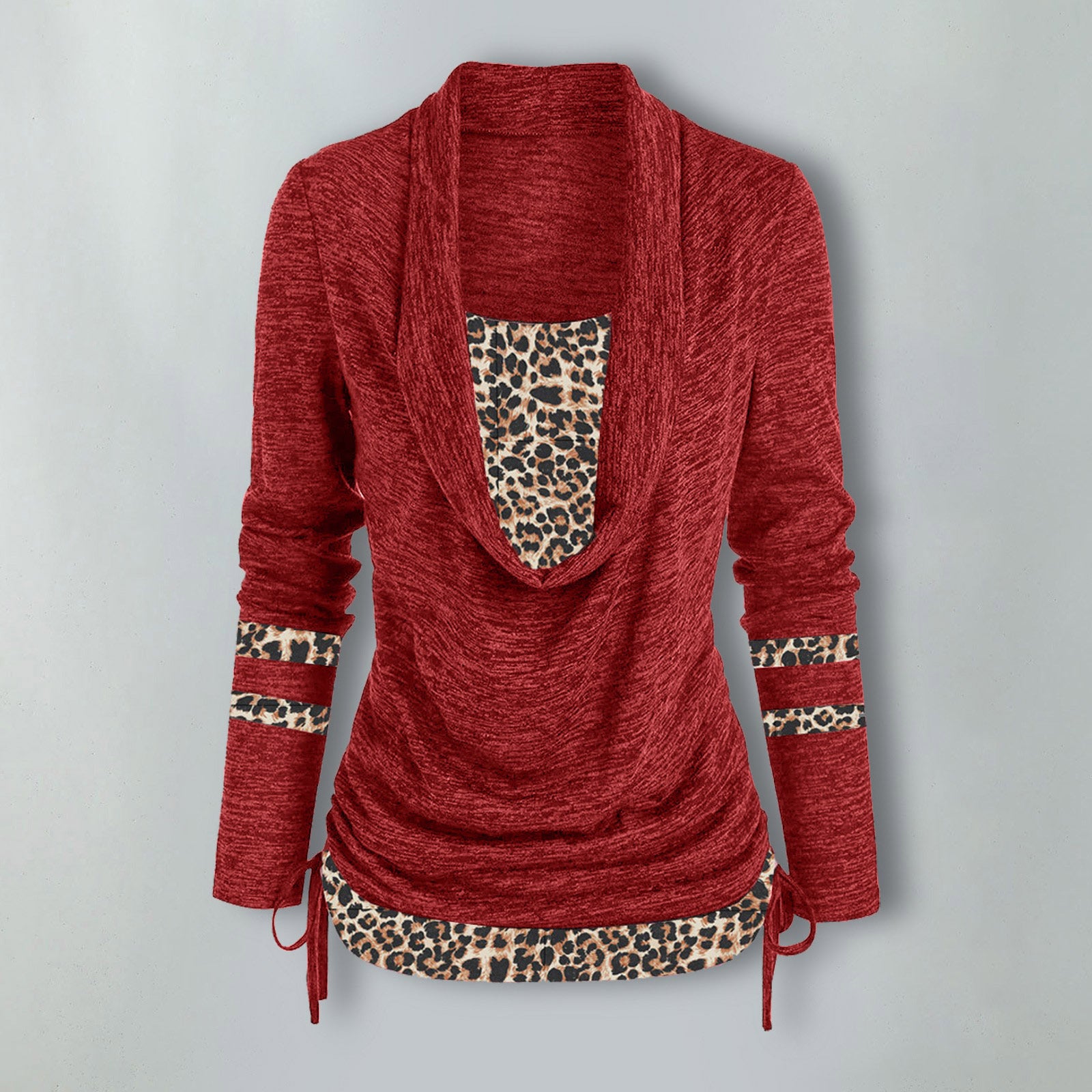 Women Leopard Patchwork Long Sleeve Loose Pleated Top 10