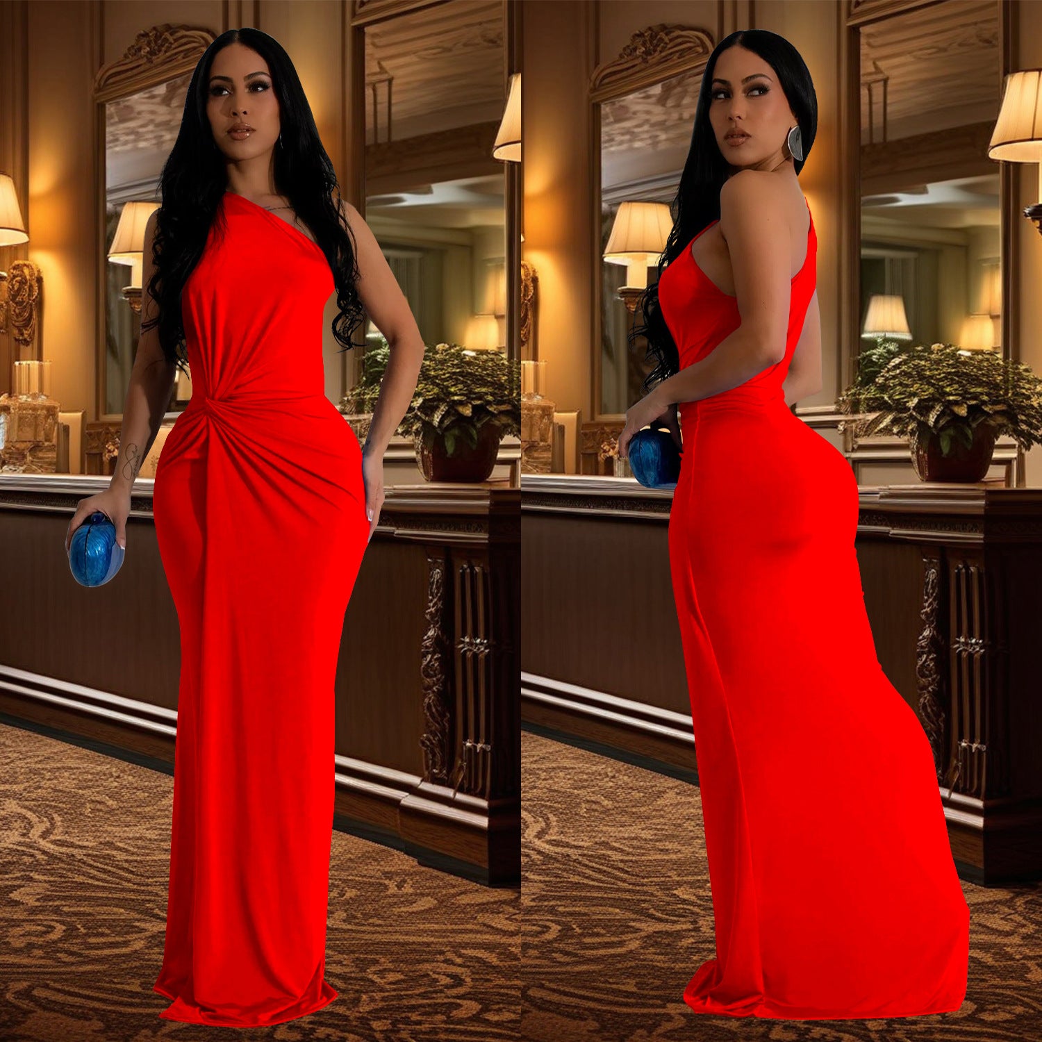 Fashion women one shoulder slim evening dress 4