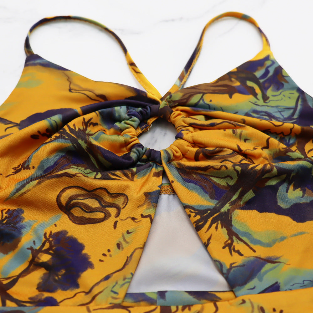 Women Deep V Sexy Camisole Ruffle Edge Print Backless Dress 15