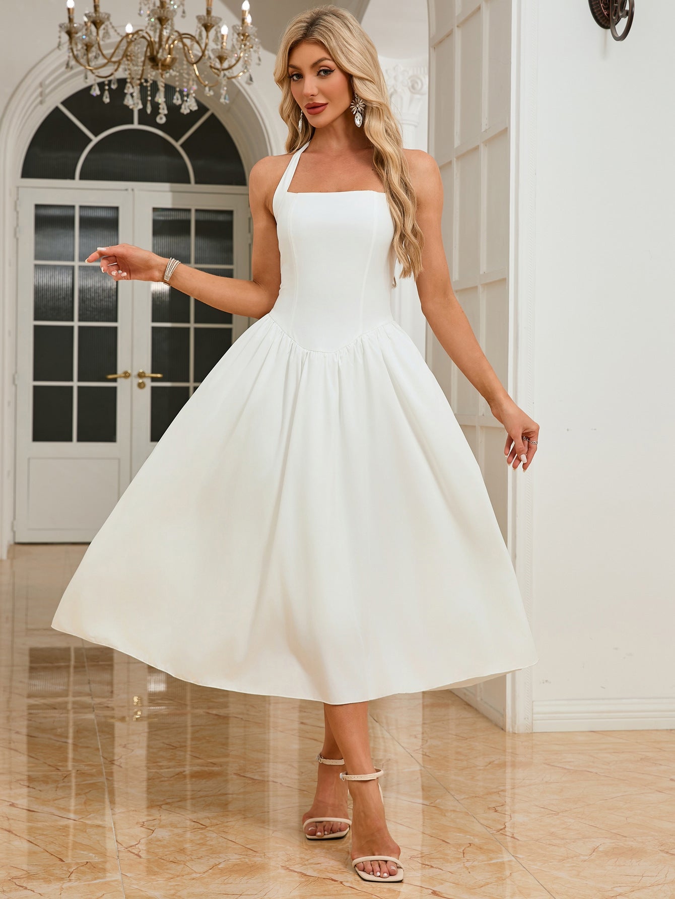 Women Sleeveless Halter Neck Backless Strap Dress 4