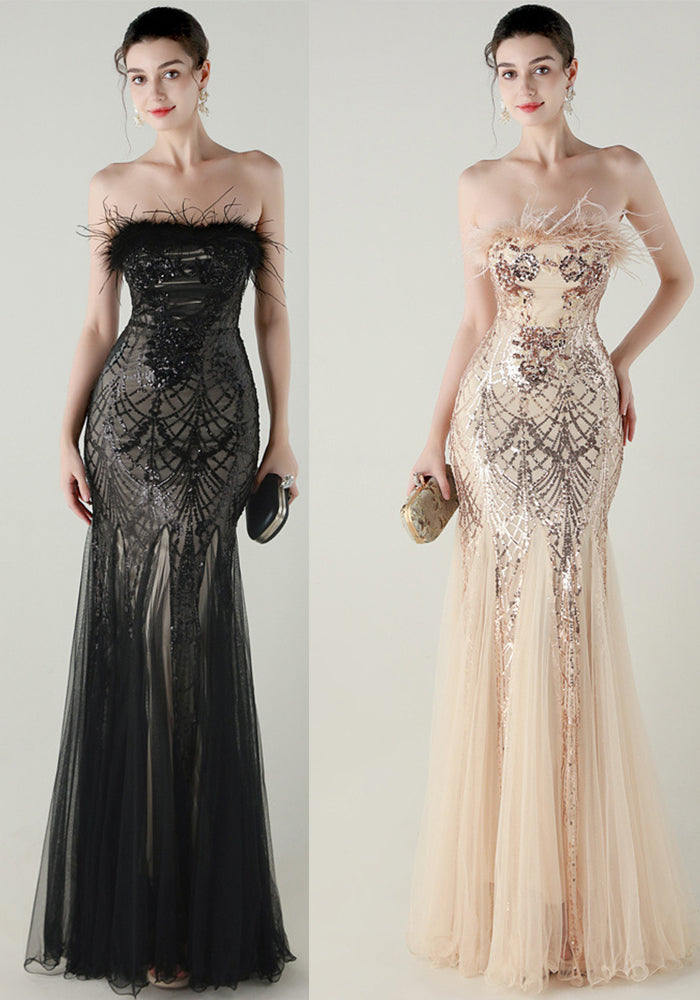 Women sequined tube flower ostrich feather Strapless cross Lace-Up Mesh Formal Party fishtail evening dress