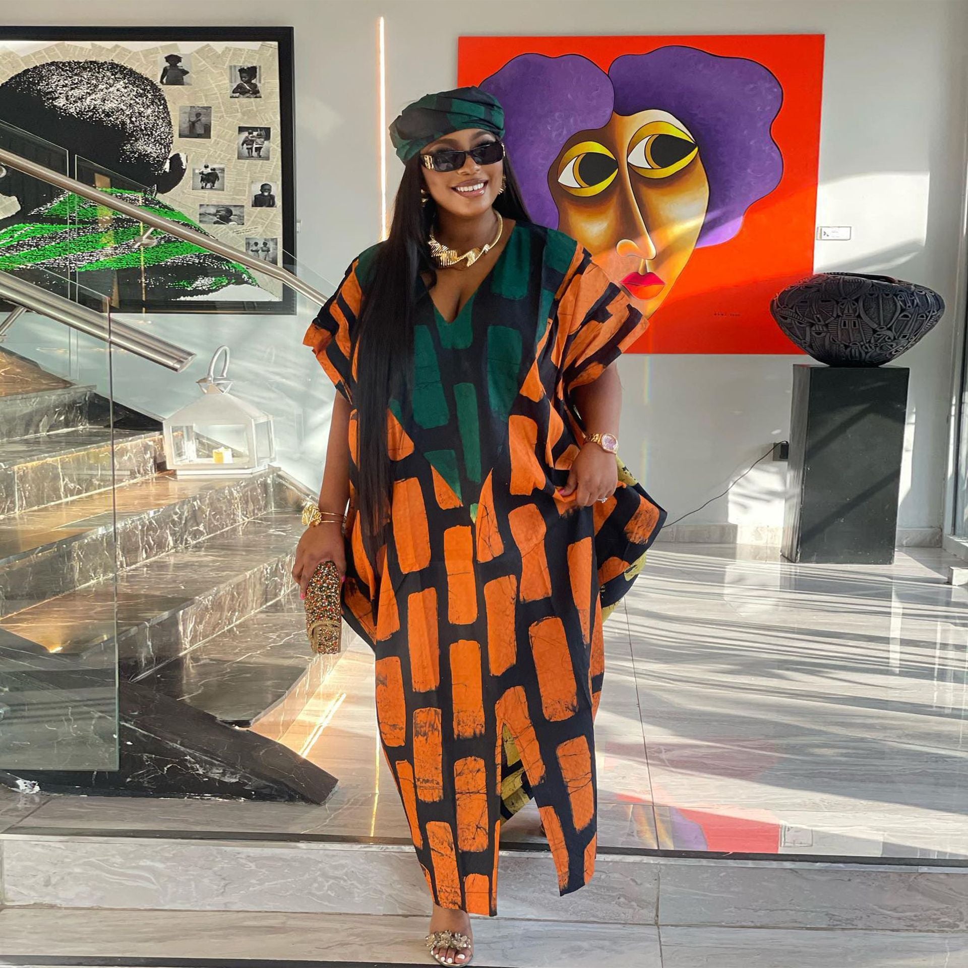 Women Contrast Print Loose Slit Dress 4