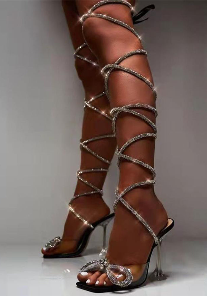 Summer Plus Size Women's Roman Style Rhinestone Lace-Up Bow Wine Glass Heel Sandals Women