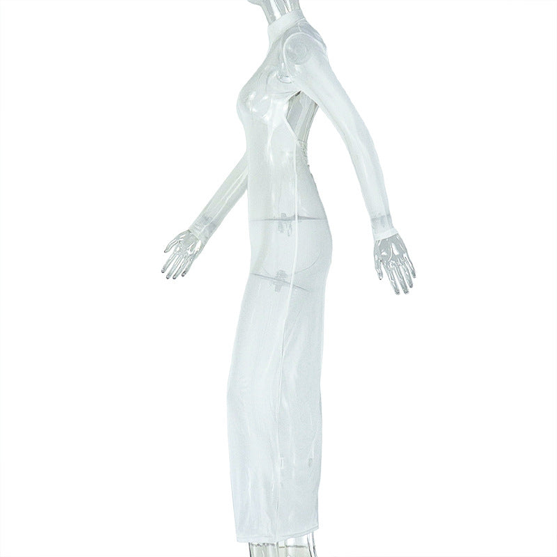 Women Elegant Sexy Backless Stand Collar Long Sleeve Solid Maxi Dress 10